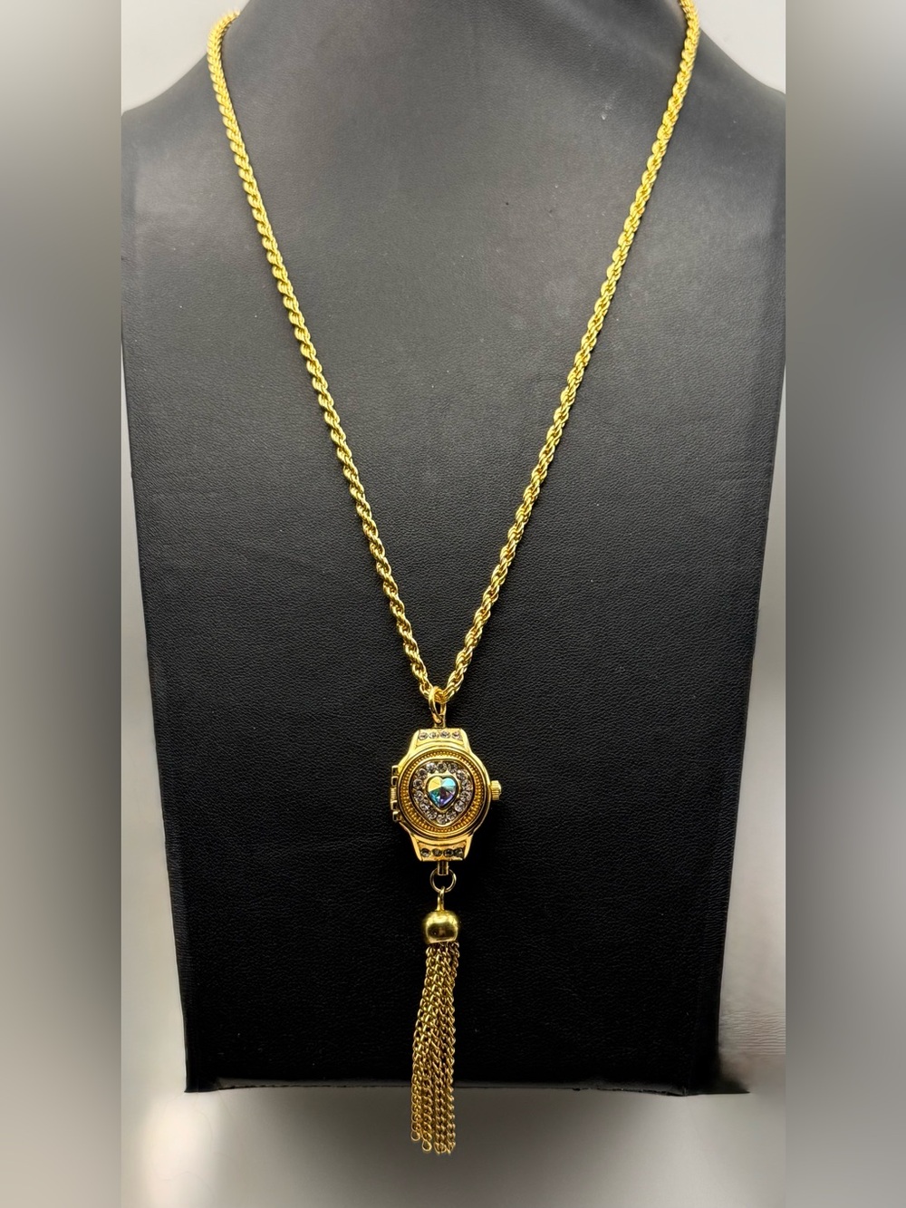 Vintage Futura Heart Rhinestone Tassel Watch Necklace Pendant - Mint Condition